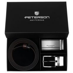 Zestaw prezentowy: dwustronny pasek skórzany w brązowym i czarnym kolorze z wymiennymi klamrami Peterson PTN KL-B006S001. Brązowe paski Peterson, bez wzorów, ze skóry, eleganckie. Za 139.99 zł.