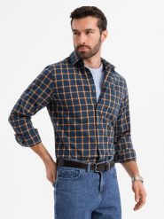 Męska flanelowa koszula w kratę SLIM FIT - granatowo-pomarańczowa V1 OM-SHCS-0145 - XXL. Niebieskie koszule Ombre Clothing, l, bez wzorów, z bawełny, bez kołnierzyka, bez ramiączek. W wyprzedaży za 49.99 zł.