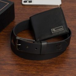 Zestaw prezentowy męski skórzany pasek portfel pudełko premium czarny Beltimore Z21. Czarne portfele bez wzorów. Za 129.99 zł.
