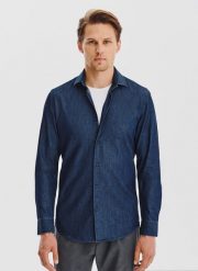 PAKO LORENTE - Granatowa koszula jeansowa. Koszule Pako Lorente, m, bez wzorów, z bawełny, bez kołnierzyka, bez ramiączek. Za 199.99 zł.