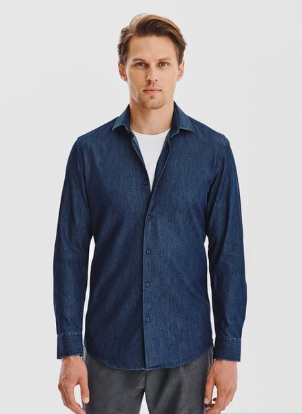 PAKO LORENTE - Granatowa koszula jeansowa. Koszule Pako Lorente, l, bez wzorów, z bawełny, bez kołnierzyka, bez ramiączek. Za 149.99 zł.