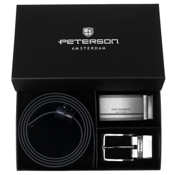 Zestaw prezentowy: dwustronny pasek skórzany w granatowym i czarnym kolorze Peterson PTN KL-B006S001 N. Czarne paski Peterson, bez wzorów, ze skóry, eleganckie. Za 119.99 zł.
