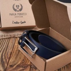 Pasek męski 110 cm granatowy PAOLO PERUZZI PG-03-DBS-110. Niebieskie paski Paolo Peruzzi, bez wzorów, z jeansu, eleganckie. Za 49.00 zł.