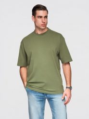 Męski t-shirt bawełniany LOOSE FIT z okrągłym dekoltem – ciemnooliwkowy V8 - Rozmiar: S. Zielone t-shirty Ombre Clothing, l, bez wzorów, z bawełny, bez kołnierzyka, bez ramiączek. W wyprzedaży za 59.50 zł.