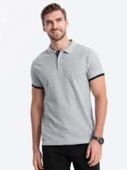 Bawełniana koszulka męska polo z kontrastowymi wykończeniami – szary melanż V7 OM-POSS-0113 - XXL. Szare koszulki polo sportowe Ombre Clothing, l, bez wzorów, z bawełny, bez kołnierzyka, bez ramiączek. Za 71.99 zł.