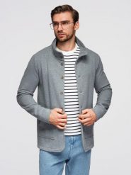 Bluza męska zapinana na guziki ze stójką – szary melanż V7 - Rozmiar: XL. Szare bluzy Ombre Clothing, m, bez wzorów, z bawełny, bez kaptura. Za 209.99 zł.
