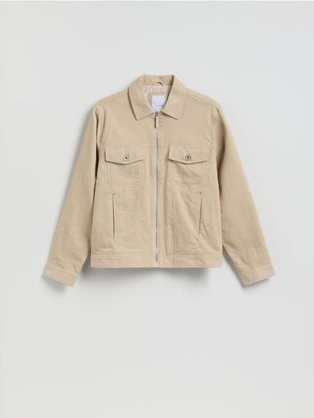 Sztruksowa kurtka z kołnierzem - kremowy. Białe kurtki Reserved, l, bez wzorów, z bawełny, bez kaptura. Za 179.99 zł.