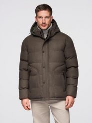 Męska kurtka casualowa puffer z wełną – ciemnooliwkowy melanż V4 - Rozmiar: M. Zielone kurtki Ombre Clothing, m, z aplikacjami, z materiału. W wyprzedaży za 299.99 zł.