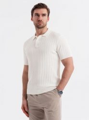Męska koszulka polo z wiskozą SLIM FIT w pionowy prążek – złamana biel V3. Koszulki polo sportowe Ombre Clothing, m, bez wzorów, z dzianiny, bez kołnierzyka, bez ramiączek. W wyprzedaży za 39.99 zł.