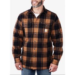 Koszula turystyczna męska Carhartt Flannel Sherpa-Lined Shirt Jac. Brązowe koszule Carhartt, m, bez wzorów, bez kołnierzyka, bez ramiączek. Za 424.99 zł.