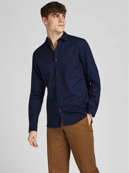 Jack & Jones Koszula 12201905 Granatowy Slim Fit. Niebieskie koszule Jack & Jones, m, bez wzorów, z bawełny, bez kołnierzyka, bez ramiączek. Za 164.99 zł.