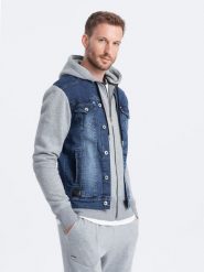 Dzianinowa kurtka męska z kapturem i jeansowymi wstawkami – szaro-niebieska V1. Szare kurtki Ombre Clothing, l, bez wzorów, z dresówki, z kapturem. W wyprzedaży za 149.99 zł.