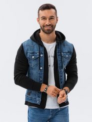 Kurtka męska jeansowa katana z kapturem - niebiesko-czarna - Rozmiar: XL. Czarne kurtki Ombre Clothing, m, bez wzorów, z bawełny, z kapturem. W wyprzedaży za 149.99 zł.