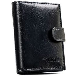 Pionowy, czarny portfel męski ze skóry ekologicznej zapinany na zatrzask - 4U Cavaldi. Czarne portfele 4U Cavaldi, bez wzorów, ze skóry ekologicznej. Za 24.99 zł.