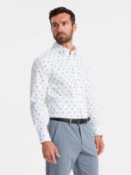 Męska koszula bawełniana we wzory SLIM FIT - biała V2 OM-SHCS-0151 - XXL. Białe koszule Ombre Clothing, l, bez wzorów, z bawełny, bez kołnierzyka, bez ramiączek. W wyprzedaży za 79.99 zł.