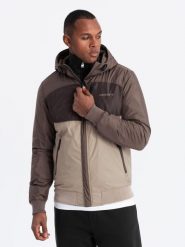 Lekka kolorowa męska sportowa kurtka z polarem – beżowo-ciemnobrązowa V19 OM-JANP-0194 - XXL. Brązowe kurtki przejściowe Ombre Clothing, l, bez wzorów, z materiału, bez kaptura. W wyprzedaży za 199.99 zł.