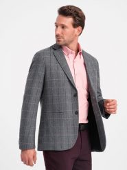 Żakardowa marynarka męska w delikatną kratę - grafitowa V1 OM-BLZB-0119 - XL. Szare garnitury Ombre Clothing, l, bez wzorów, z materiału. W wyprzedaży za 149.99 zł.