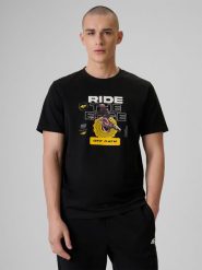 4F T-shirt relaxed z nadrukiem męski - czarny M. Czarne t-shirty 4F, m, bez wzorów, z bawełny, bez kołnierzyka, bez ramiączek. Za 79.99 zł.