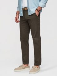 Spodnie męskie chino REGULAR FIT z delikatną strukturą – ciemnozielone V4 - Rozmiar: S. Zielone eleganckie spodnie Ombre Clothing, do pracy, m, bez wzorów, z bawełny, biznesowe. W wyprzedaży za 265.99 zł.