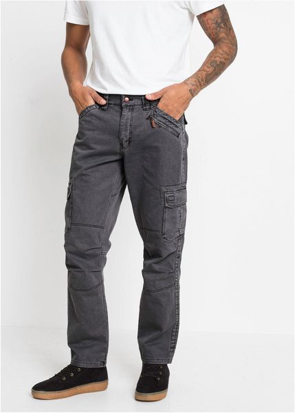 Spodnie bojówki, relaxed fit, straight. Szare joggery i bojówki bonprix, m, bez wzorów. Za 189.99 zł.