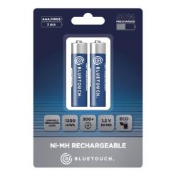 Klasyczne akumulatory BLUETOUCH; typ AAA, 1200 mWh. Niebieskie sztyblety BLUETOUCH, bez wzorów, bez obcasa, bez zapięcia. Za 21.90 zł.