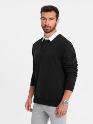 Bluza męska z białym kołnierzykiem polo - czarna V6. Czarne bluzy Ombre Clothing, m, bez wzorów, z bawełny, bez kaptura. W wyprzedaży za 59.99 zł.