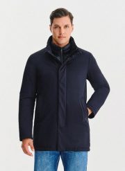 PAKO LORENTE – Granatowa kurtka z odpinanym kołnierzem. Kurtki Pako Lorente, na jesień, bez wzorów, bez kaptura. Za 349.99 zł.