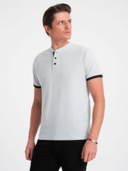 Męska koszulka polo bez kołnierzyka - jasnoszara V10 OM-TSCT-0156 - XL. Szare koszulki polo sportowe Ombre Clothing, l, bez wzorów, z bawełny, bez kołnierzyka, bez ramiączek. W wyprzedaży za 39.99 zł.