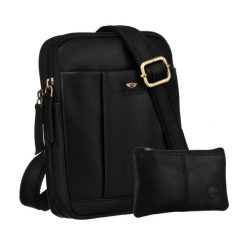 Czarna, męska torba skórzana na ramię w zestawie z saszetką na klucze - Peterson. Czarne torby na ramię Peterson, bez wzorów, ze skóry, na ramię, bez dodatków. Za 179.99 zł.