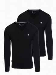 Komplet męskich longsleeve'ów SLIM FIT z dekoltem typu V i logotypem 2-pak – 2x czarny V5 - Rozmiar: M. Czarne bluzki z długim rękawem Ombre Clothing, l, bez wzorów, z bawełny, bez kołnierzyka, bez ramiączek. W wyprzedaży za 104.99 zł.