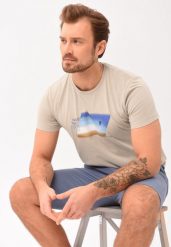 T-shirt z printem T-NAVI. Brązowe t-shirty Volcano, l, bez wzorów, z bawełny, bez kołnierzyka, bez ramiączek. Za 59.99 zł.