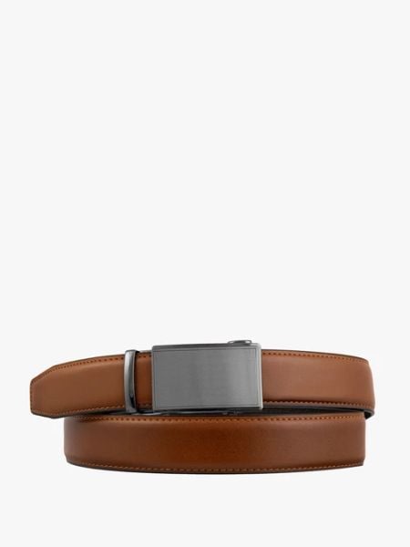 Rudy pasek ze skóry licowej. Brązowe paski Ryłko, bez wzorów, ze skóry, klasyczne. Za 129.99 zł.