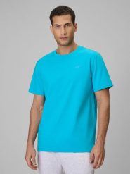4F T-shirt regular gładki męski - niebieski L. Niebieskie t-shirty 4F, l, bez wzorów, z materiału, bez kołnierzyka, bez ramiączek. Za 49.99 zł.