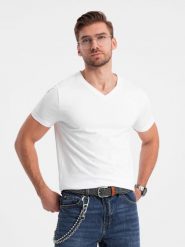T-shirt męski V-NECK z elastanem - biały V1 OM-TSCT-0106 - XXL. Białe t-shirty Ombre Clothing, l, bez wzorów, z bawełny, bez kołnierzyka, bez ramiączek. W wyprzedaży za 39.99 zł.