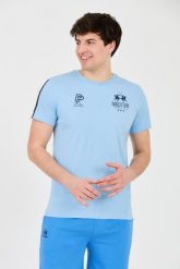 LA MARTINA Błękitny t-shirt Jersey. Niebieskie t-shirty La Martina, m, bez wzorów, z jersey, bez kołnierzyka, bez ramiączek. W wyprzedaży za 269.99 zł.