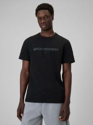 4F T-shirt regular z nadrukiem męski - czarny S. Czarne t-shirty 4F, m, bez wzorów, z bawełny, bez kołnierzyka, bez ramiączek. Za 69.99 zł.
