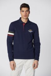 AERONAUTICA MILITARE Granatowy męski longsleeve polo Jersey. Niebieskie bluzki z długim rękawem Aeronautica Militare, l, bez wzorów, z jersey, bez kołnierzyka, bez ramiączek. W wyprzedaży za 279.99 zł.