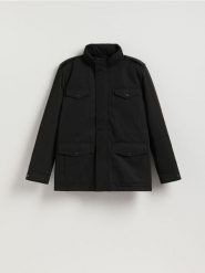 Wodoodporna kurtka z kapturem - czarny. Czarne kurtki Reserved, l, bez wzorów, z tkaniny, z kapturem. Za 299.99 zł.