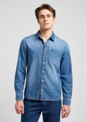 MESKA KOSZULA JEANSOWA LEE LEESURE SHIRT MID BLUE DENIM 112370551. Niebieskie koszule Lee, m, bez wzorów, z denimu, bez kołnierzyka, bez ramiączek. Za 169.99 zł.