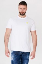 GUESS Biały t-shirt męski z żółtym logo. Białe t-shirty Guess, m, z aplikacjami, bez kołnierzyka, bez ramiączek. W wyprzedaży za 99.99 zł.