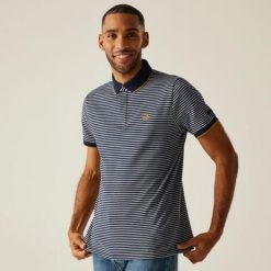 Męska koszulka polo w paski Tiver. Niebieskie koszulki polo Regatta, m, bez wzorów, z bawełny, bez kołnierzyka, bez ramiączek, trekkingowe. Za 99.99 zł.