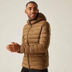 Marizion Męska wodoodporna aktywna kurtka z kapturem z przegrodami. Brązowe kurtki Regatta, m, bez wzorów, z puchu, z kapturem. Za 199.99 zł.