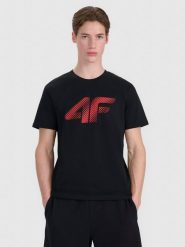 4F T-shirt regular z nadrukiem męski - czarny S. Czarne t-shirty 4F, m, bez wzorów, z bawełny, bez kołnierzyka, bez ramiączek. Za 59.99 zł.