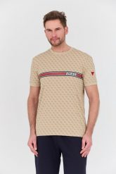 GUESS Beżowy t-shirt Jamey. Brązowe t-shirty Guess, l, z aplikacjami, bez kołnierzyka, bez ramiączek. W wyprzedaży za 174.99 zł.