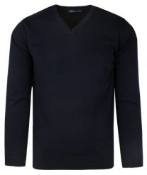 Elegancki Męski Sweter Polskiej Marki Rigon – V-neck (serek) - Granatowy. Niebieskie swetry rozpinane Rigon, l, bez wzorów, z bawełny, bez kołnierzyka, bez ramiączek. Za 145.00 zł.