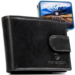 Skórzany, czarny portfel męski zamykany na zatrzask, wyposażony w system RFID - Peterson. Czarne portfele Peterson, bez wzorów, ze skóry. Za 109.99 zł.