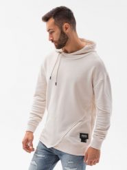 Bluza męska hoodie z przeszyciami - kremowa V1 B1187 - XXL. Białe bluzy Ombre Clothing, m, bez wzorów, z bawełny, bez kaptura. W wyprzedaży za 49.99 zł.