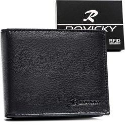 Duży, czarny portfel męski ze skóry naturalnej wyposażony w system RFID - Rovicky. Czarne portfele ROVICKY, bez wzorów, ze skóry. Za 45.00 zł.
