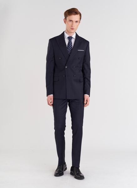 PAKO LORENTE – Granatowe spodnie garniturowe w subtelną kratę. Eleganckie spodnie Pako Lorente, m, z wełny, eleganckie. Za 349.99 zł.