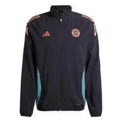 Kurtka prezentacyjna Bayern Munich Tiro 2024/25. Czarne kurtki Adidas, l, bez wzorów, z dresówki, bez kaptura. Za 296.25 zł.